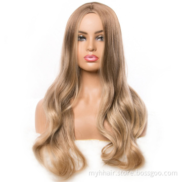 Long Wavy Ombre Blonde Wigs Brown Mix Color,Synthetic Wigs For Women Natural Middle Part Wig Hair